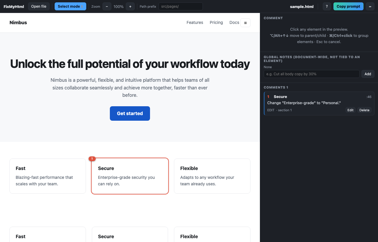 The saved note and the now-active Copy prompt button
